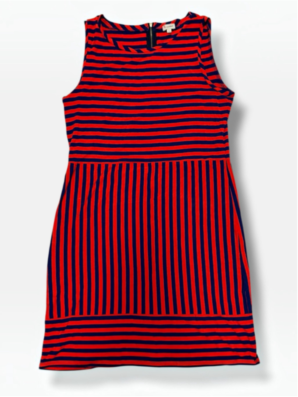 Cremieux Women’s Dress Large Red Navy Striped Sleeveless Stretch Sheath